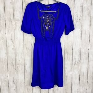 Gianni Bini A-Line Stretch Midi Silky Short Sleeve Embellished Party Dress XS